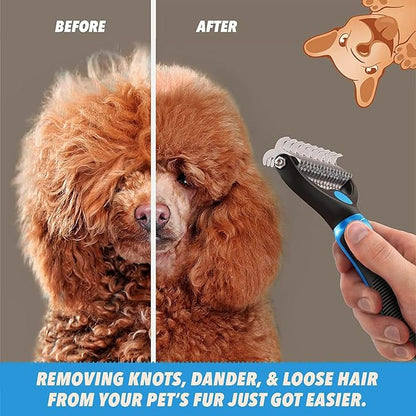 Pet Dog and Cat Deshedding Brush Grooming Tool Fur Removal - Double Sided Undercoat Rake Shedding Comb Mat Remover Deshedder Safe Detangler for Matted Hair/Fur, Blue