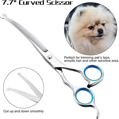 Professional Dog Grooming Scissors with Safety Round Tips, 5 in 1 Dog Grooming Scissors Kit, 4CR Stainless Steel Professional Pet Grooming Shears for Dog, Sharp and Durable, Blue
