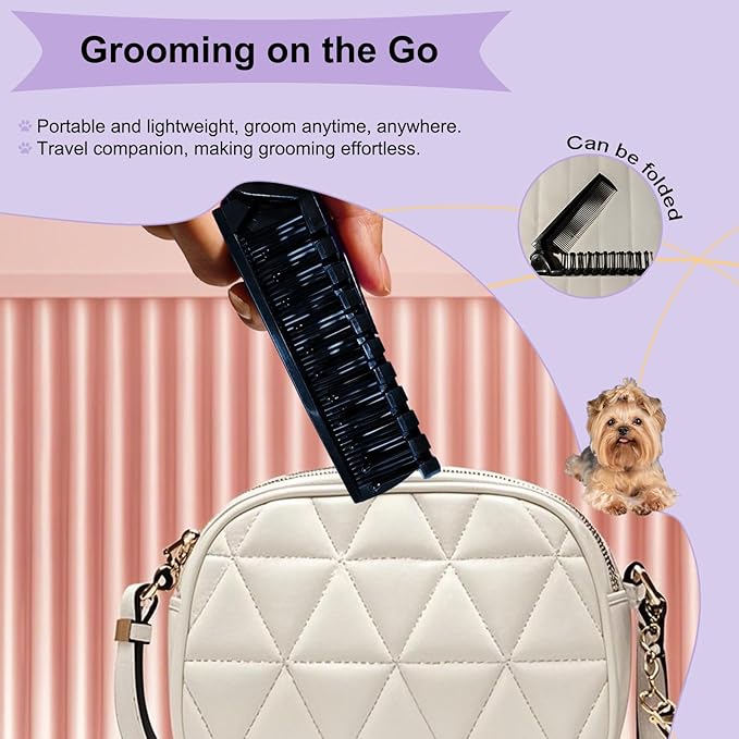 Foldable Dual-Head Puppy Brush Small Dogs Interchangeable Combs Soft Bristles Portable Grooming Tool Yorkie Shih Tzu Maltipoo (Black)