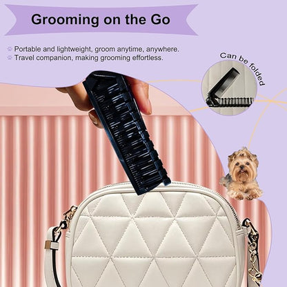 Foldable Dual-Head Puppy Brush Small Dogs Interchangeable Combs Soft Bristles Portable Grooming Tool Yorkie Shih Tzu Maltipoo (Black)