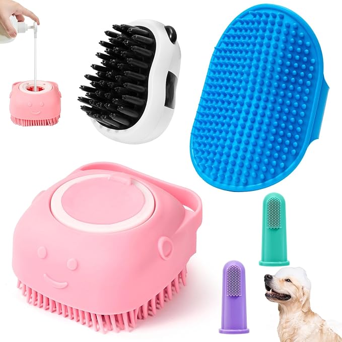 Dog Bath brush Pet Shampoo Brush with Adjustable Ring Handle Soft Massage Dispenser Panda Shape Brush for Short Long Haired Dogs Cats Showering(Pink)