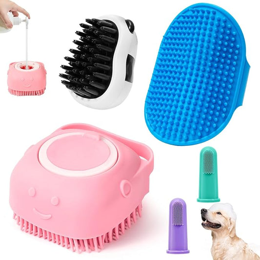 Dog Bath brush Pet Shampoo Brush with Adjustable Ring Handle Soft Massage Dispenser Panda Shape Brush for Short Long Haired Dogs Cats Showering(Pink)