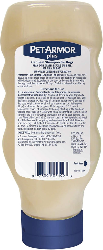 PetArmor Plus Flea and Tick Shampoo for Dogs, Oatmeal Flea Shampoo Kills Fleas, Ticks, and More, Tropical Breeze Scent, 18oz