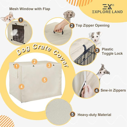 Explore Land 36 inches Dog Crate Cover Heavy Duty Polyester Pet Kennel Sunshade Universal Fit for Wire Cage (Light Tan)