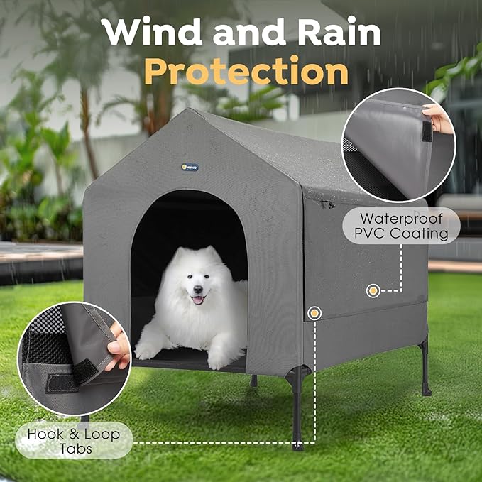 Veehoo 29" Dog House, 2-in-1 Small Dog House Outdoor Indoor Weatherproof, Outside Elevated Dog Cot Bed Dog Tent Shade, Three-Sided Breathable Mesh Windows and Sunshades, CWC2435CP