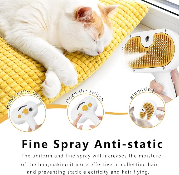 Pet Steam Brush for Dog & Cat – 3-in-1 Spray Hair Removal Comb – Steam for Shedding & Grooming – Water Brush for Long & Short Haired Pets – Spritz Defur Comb –