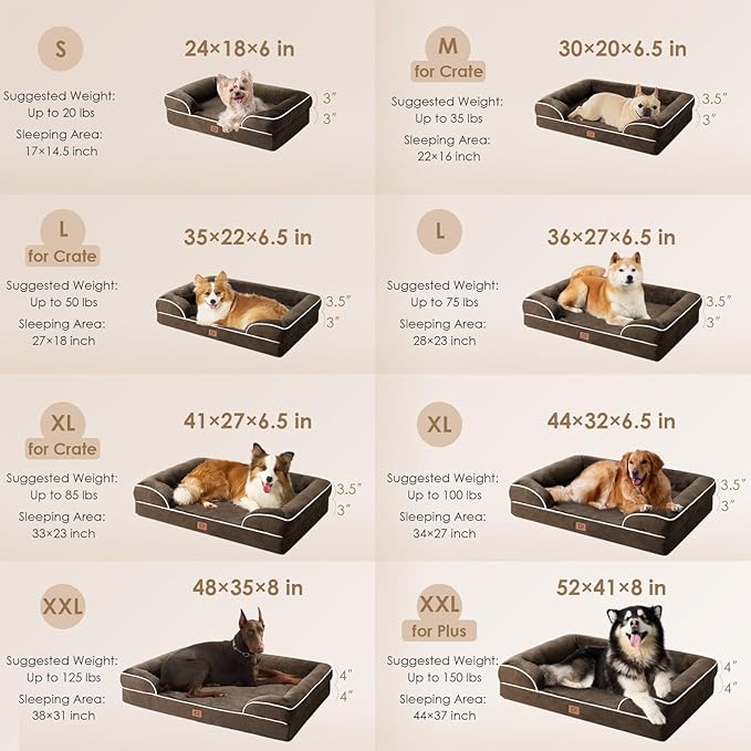EHEYCIGA Orthopedic Dog Bed for Small Dogs, Waterproof Memory Foam Small Dog Beds with Sides, Non-Slip Bottom and Egg-Crate Foam Medium Dog Couch Bed with Washable Removable Cover, Brown