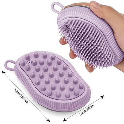 Pet Grooming Bath Massage Brush with Soap and Shampoo Dispenser Soft Silicone Bristle for Long Short Haired Dogs Cats (PURPLE)