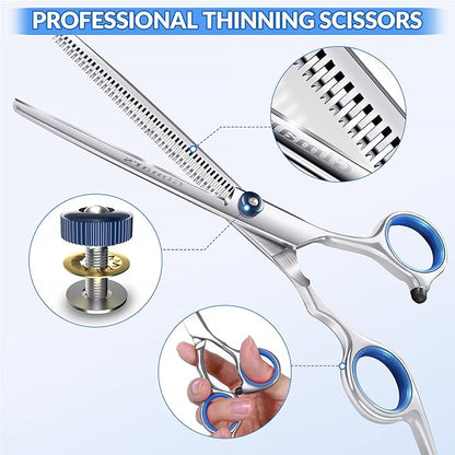 Gimars Professional 5 in 1 Grooming Scissors for Dogs 4CR with Safety Round Tip, Heavy Duty Titanium Coated Straight & Thinning & Curved Shears