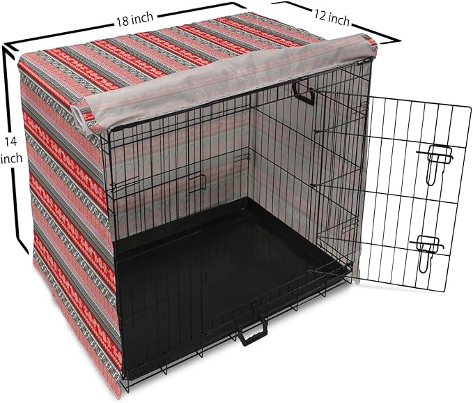 Lunarable Aztec Dog Crate Cover, Bird Motifs Abstract Indigenous Style Squares Latin American Inspired, Easy to Use Pet Kennel Cover for Small Dogs Puppies Kittens, 18 Inch, Red Black White