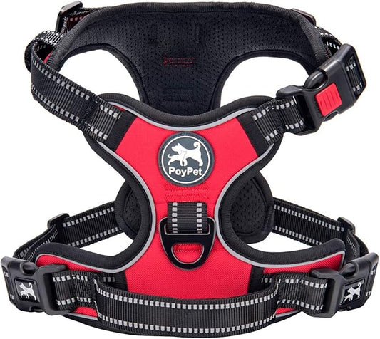 PoyPet No Pull Dog Harness, No Choke Front Clip Dog Reflective Harness, Adjustable Soft Padded Pet Vest with Easy Control Handle for Small to Large Dogs(Red,M)