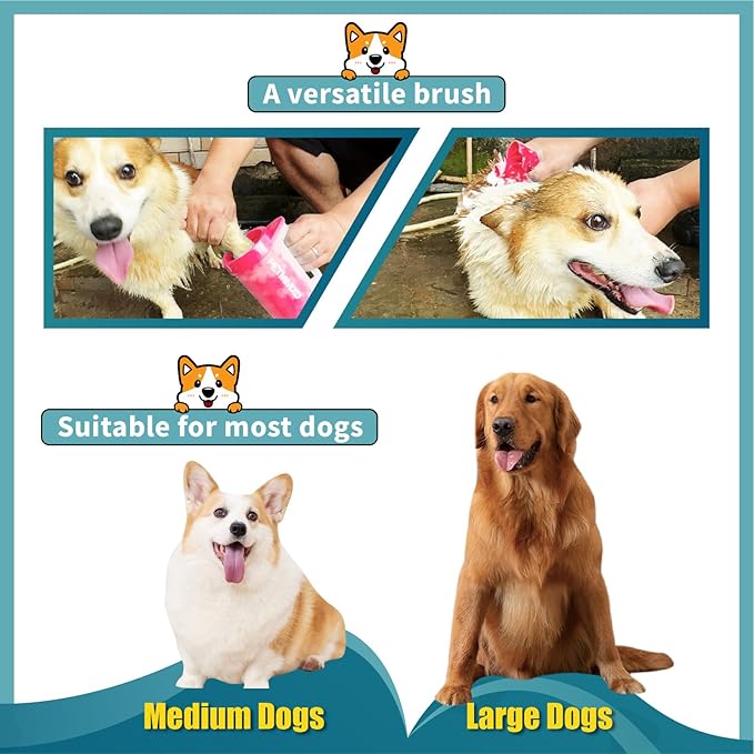 Dog Paw Cleaner with Handle, 2 Absorbent Towels & 2 Adjustable Bath Brushes for Short and Long Hair Pets - Muddy Foot Washer, Pink, Large