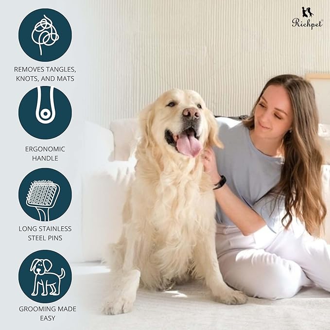 Pet Slicker Brush (Medium Size, Black) for Grooming Pet Hair with Fluff Detangle Style – Dog Brush for Long & Short Haired Dogs for Goldendoodles – Curved Pin for – Removes Tangles & Loose Fur