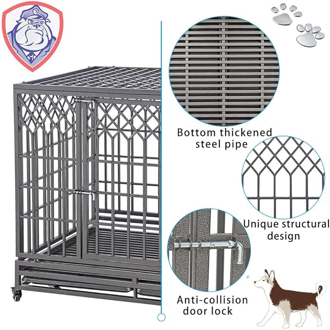 SMONTER 46" Heavy Duty Dog Crate Strong Metal Pet Kennel Playpen with Two Prevent Escape Lock, Large Dogs Cage with Wheels, Y Shape, Dark Silver …