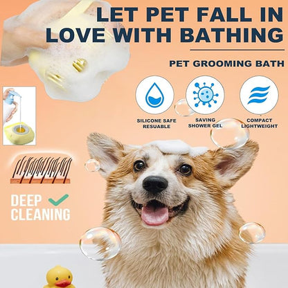 Dog Bath Brush 7-in-1 Set,Double Head Dog Eye Comb Tear Stain Remover, Double Head Dog Toothbrush, Dog Grooming Bath Brush with Shampoo Dispenser,Dog Bath Cap for Ear Protection and Dog Drying Towel