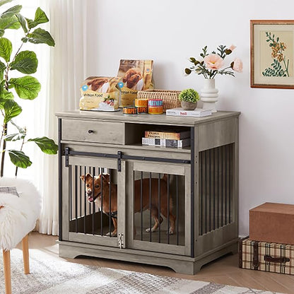 Sliding Door Dog Crate with Drawers. Grey,35.43'' W x 23.62'' D x 33.46'' H