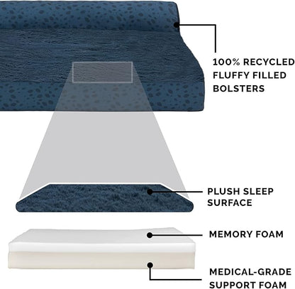 Furhaven Memory Foam Dog Bed for Medium/Small Dogs w/ Removable Bolsters & Washable Cover, For Dogs Up to 35 lbs - Plush & Almond Print L Shaped Chaise - Blue Almonds, Medium