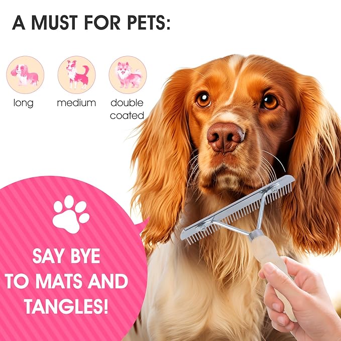 Undercoat Grooming Rake with Anti-Slip Wooden Handle, Steel Comb for Medium & Large Pets