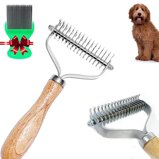 Pet Hair Brush with Wood Handle and a Small Comb for Dogs and Cats, TOMARK 2 Sided Detangler Brush Tool For Cutting Removing Mat, Knots, Tangles & Matted Hair, 17-Blade Deshedding Brush for Groomers, Pet Owners