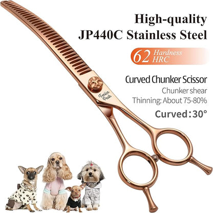 Fenice Peak Professional Dog Grooming Scissors Pet Curved Chunker Shears 7.0'' Extremely Sharp Blades 440C Steel Thinning Scissors Durable Smooth Motion & Fine Cut for Dogs and Cats