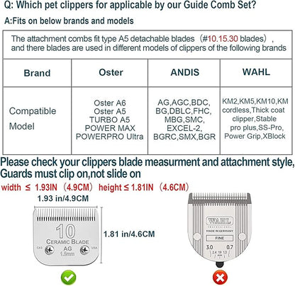 Professional Animal Stainless Steel 5 Color Guide Comb Set for 10#/15#/30#Detachable Blade,Compatible with Andis, Oster A5, Wahl KM Series Guards Clipper(Cutting Length 3mm-16mm)