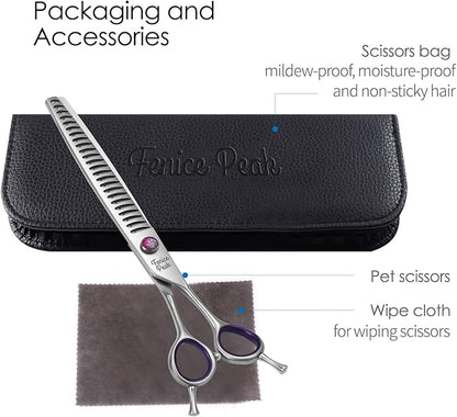 Fenice Peak 8'' Chunker Dog Grooming Scissors with Decorative Screw Professional 440C Stainless Steel Metallic Pet Thinning Shears with Offset Handle Durable and Sharp