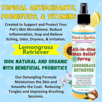 All-in-One Dry Shampoo Spray – 100% Natural, Plant-Based. Removes All Pet Odors, Tangles, & Mats. Fast Relief for Itching, Inflammation. Safe to Use on Toys, Clothes, Furniture, Pets. Tear Free. Lemongrass