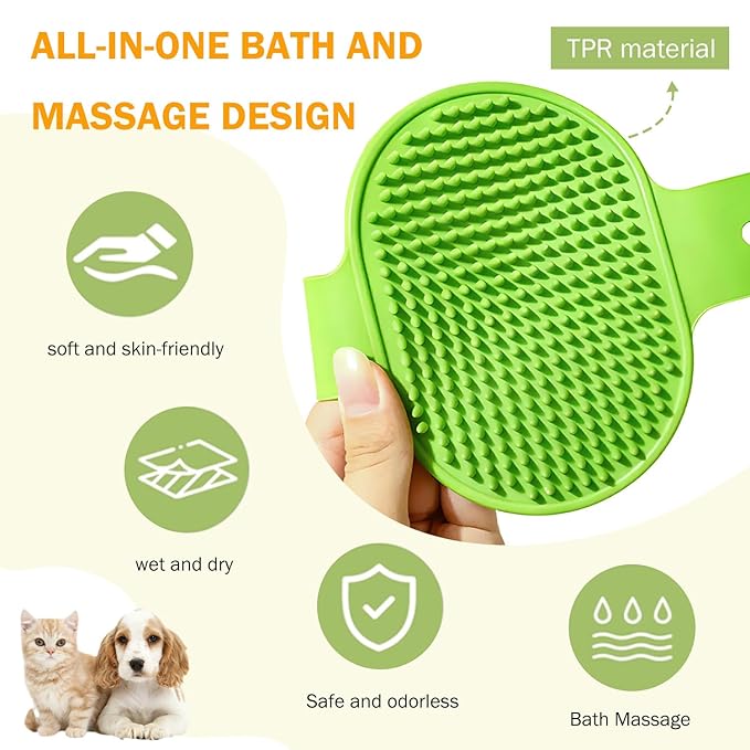 TORMEN 2 pcs Dog Bath Massage Brush, Dog Grooming Brush,Rubber Grooming Brush with Adjustable Handle for Dogs and Cats, Soft, Gentle & Skin-Safe for Long & Short Hair (Green)