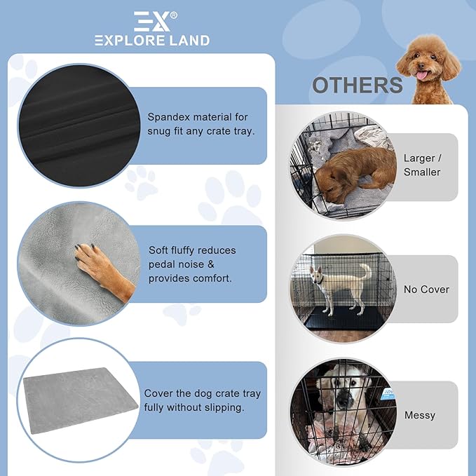 Explore Land Dog Crate Pan Cover with Softer Fluffy Top for 48 inch Dog Cage - Reversible Washable Liner for Dog Crate Tray
