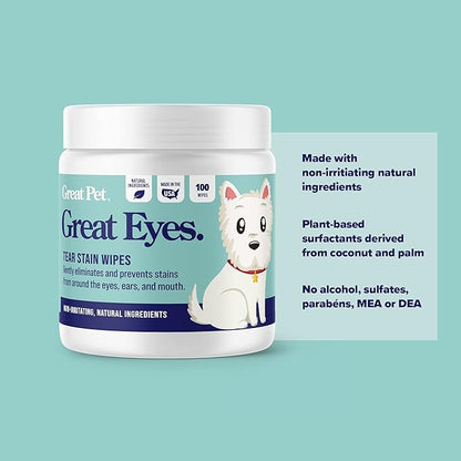 Great Eyes - Safe & Gentle Tear Stain Remover for Dogs - Natural Eye Wipes for Dogs - Made in The USA & Easy to Use Pre-Soaked Wipes - 100 Wipes