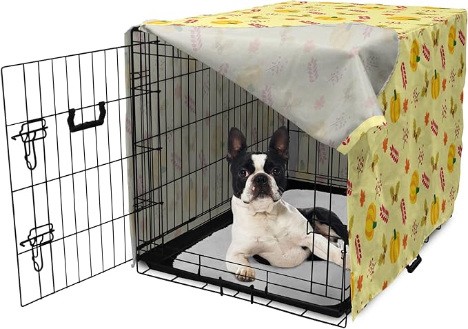 Lunarable Autumn Pumpkin Dog Crate Cover, Seasonal Image with Fall Botanical Elements Leaves and Acorns, Easy to Use Pet Kennel Cover for Small Dogs Puppies Kittens, 22 Inch, Pastel Yellow Multicolor