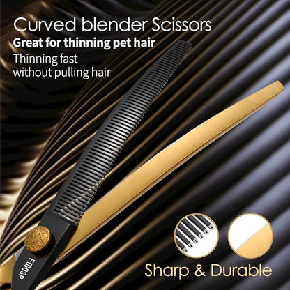 Curved Thinning Shears Dog Grooming 7.5 in Black & Gold Two Color Multipurpose Professional Dog Grooming Scissors for Large Pet 66 Teeth Japan 440C