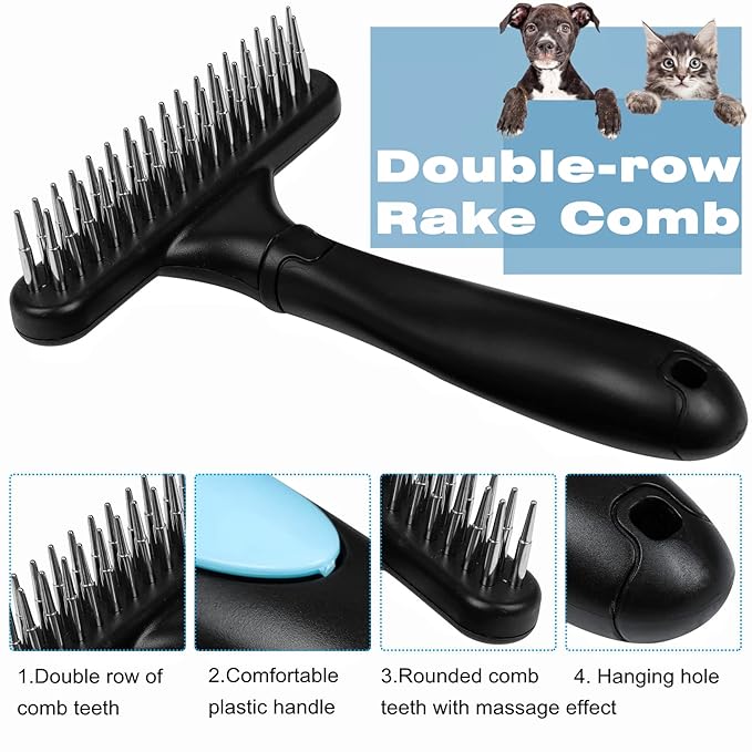 Undercoat Rake for Dogs, Dematting Tool Set Long Haired Dog Grooming Rake Brush + Deshedding Brush Comb, Under Coat Brush Cat Rake with Double Row Stainless Steel Pins