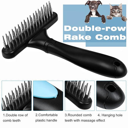 Undercoat Rake for Dogs, Dematting Tool Set Long Haired Dog Grooming Rake Brush + Deshedding Brush Comb, Under Coat Brush Cat Rake with Double Row Stainless Steel Pins