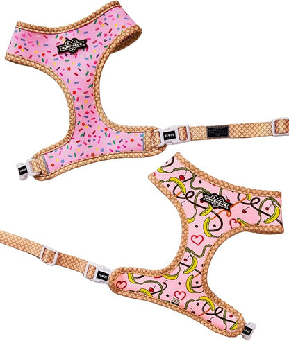 Ruffhaus NYC Pink Sprinkles Reversible Dog Harness, Ice Cream Waffle Cone, Banana Split Printed No Pull Harness Puppy Gift Girl Dog Birthday & Gotcha Day X-Large