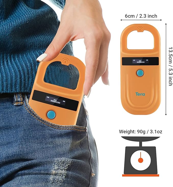 Tera Pet Microchip Reader Scanner RFID Portable Animal Chip ID Scanner with OLED Display Screen Rechargeable Data Storage Tag Scanner Supports EMID FDX-B(ISO11784/85) for Dog Cat Pig Animal Management