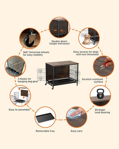 Dog Crate Furniture, 38.6" Double-Doors Dog Kennel Indoor with Removable Tray and Wheels, Wooden Dog Crates for Large Dogs, Large Dog Crate, Dog Crates, Decorative Dog Cage End Table, Rustic Brown