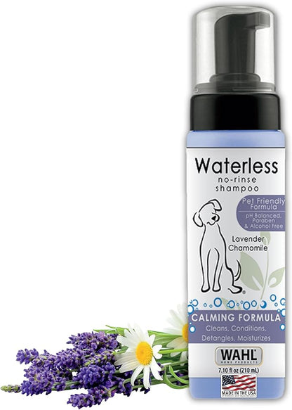 Wahl USA Pet Friendly Waterless No Rinse Shampoo for Animals – Lavender & Chamomile for Cleaning, Conditioning, Detangling, & Moisturizing Dogs & Cats – 7.1 Oz - Model 820014A