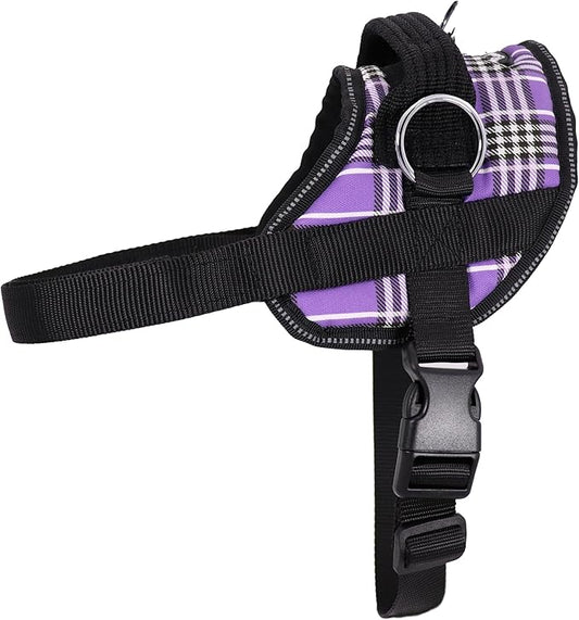 Bark Appeal Purple Plaid No-Pull Dog Harness for Medium to Large Sized Pets – Adjustable, Reflective Vest with 3 Leash Clips for Added Control, Easy Walks & Training – Large