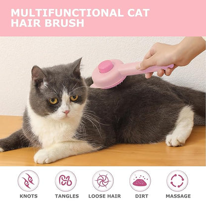 Pet Grooming Brush Kit for Cat and Dog, Hair Massage Cleaner with Release Button, 2 Flea Combs for Shedding Removing Tangles Loose Fur Self Cleaning Accessories, Pink (3 Pieces Set)