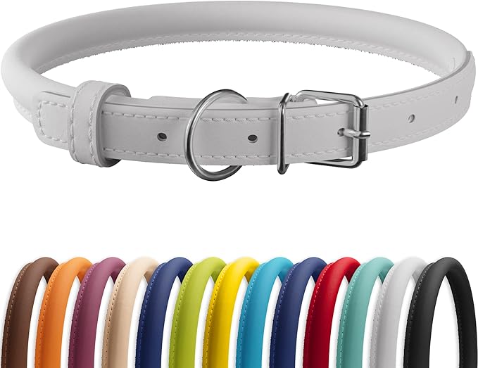 CollarDirect Rolled Leather Dog Collar, Soft Padded Round Puppy Collar, Handmade Genuine Leather Collar Dog Small Large Cat Collars 13 Colors (6-7 Inch, White Smooth)