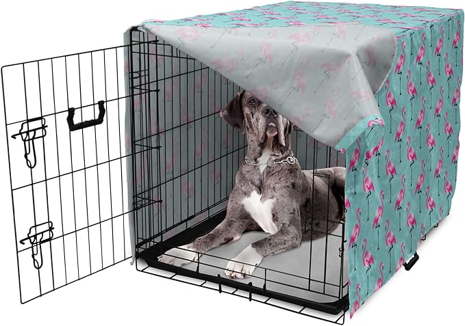 Lunarable Turquoise Dog Crate Cover, Repetitive Pink Flamingos on Wavy Water Background Vivid Colors Graphic, Easy to Use Pet Kennel Cover for Medium Large Dogs, 48 Inch, Pink Seafoam
