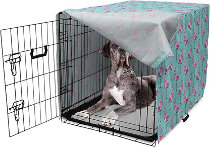 Lunarable Turquoise Dog Crate Cover, Repetitive Pink Flamingos on Wavy Water Background Vivid Colors Graphic, Easy to Use Pet Kennel Cover for Medium Large Dogs, 48 Inch, Pink Seafoam