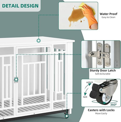 YITAHOME Dog Crate Furniture, 31.9" Heavy Duty Dog Cage, Wooden Side End Table with Wheels, Chew-Resistant Metal Dog Kennel with Removable Tray, Dog House Indoor for Small Medium Dogs, White