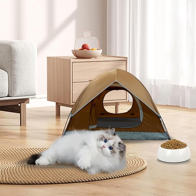 Outdoor Waterproof Pet Camping Tent, Cave Bed for Indoor Cats and Small Dogs, Portable Cat House Dog House, 21.6x21.6x14.9'', Brown, S.
