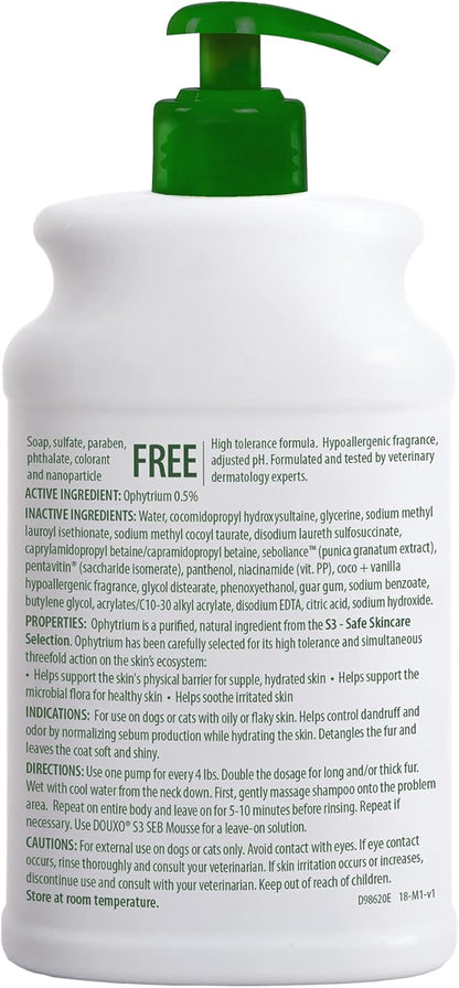 Douxo S3 Seb Shampoo, Contains 0.5% Ophytrium, Odor Control & Seboregulating, For Oily to Flaky Skin, Seborrhea, For Dogs and Cats, 16.9 fl. oz. (500mL)