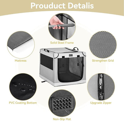 PETSFIT Portable Dog Crate, Soft Dog Crate - 24 Inch Easy Set-up, Light, Sturdy, Comfy Inside with Thicken Mat, Portable Kennel for Home and Travel Light Grey