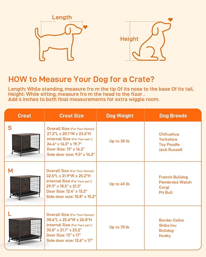 GAOMON 2024 New Elegant 38.6" Dual-Entry Large Dog Kennel & Stylish Furniture Piece: Easy-Clean, Chew-Proof, with Mobile Locking Wheels, Perfect Fusion of Pet Comfort & Home Decor - Rustic Brown