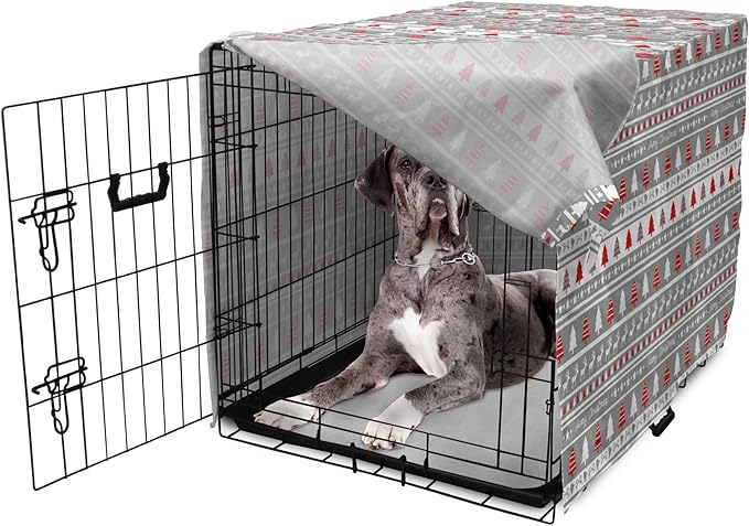 Ambesonne Christmas Dog Crate Cover, Xmas Border Deers Trees and Merry Christmas Lettering Bows Bells Image, Easy to Use Pet Kennel Cover for Medium Large Dogs, 48 Inch, Grey White and Red