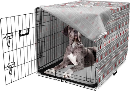 Ambesonne Christmas Dog Crate Cover, Xmas Border Deers Trees and Merry Christmas Lettering Bows Bells Image, Easy to Use Pet Kennel Cover for Medium Large Dogs, 48 Inch, Grey White and Red